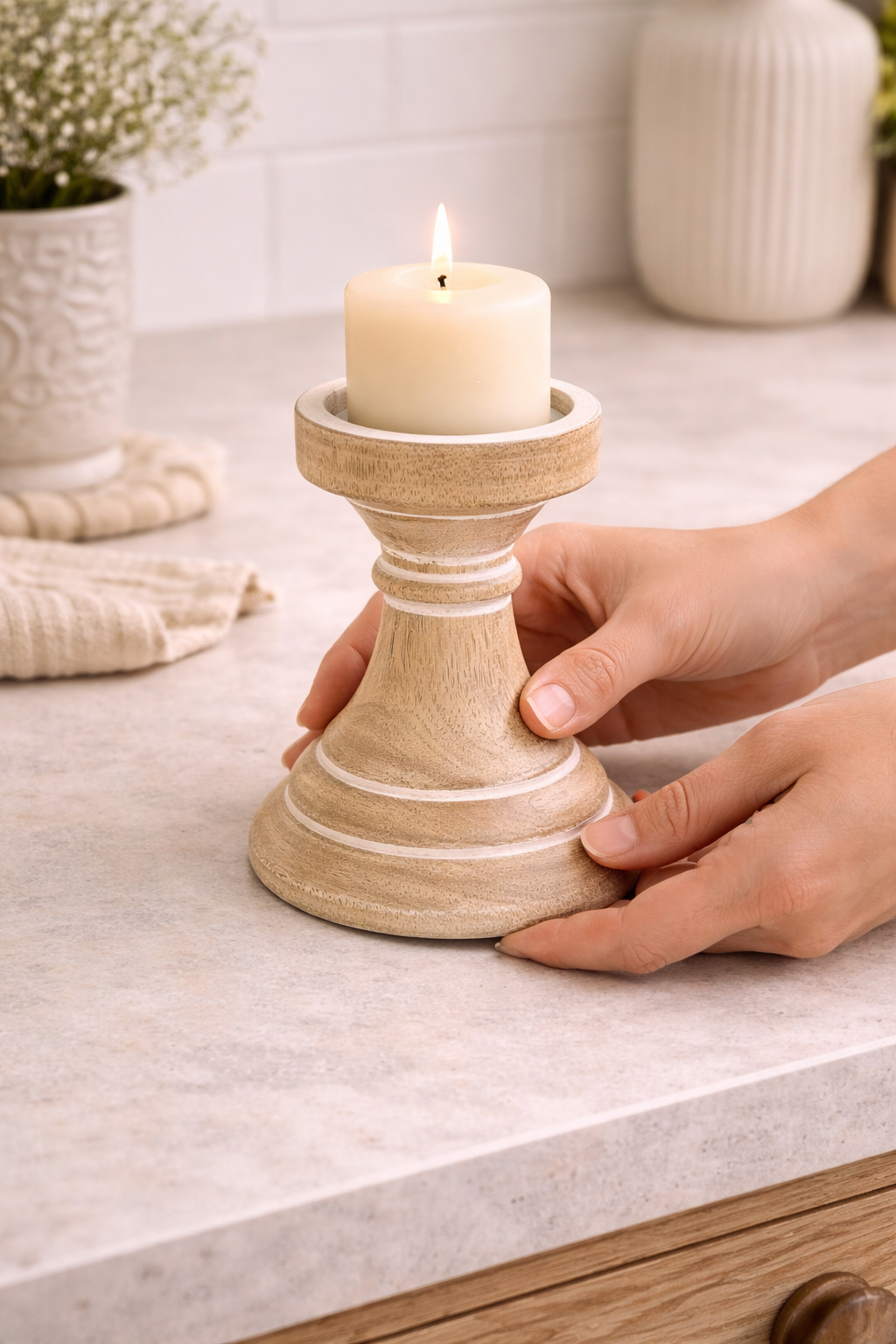 The Signature Mango Wood Candle Pedestal, Natural & White Finish