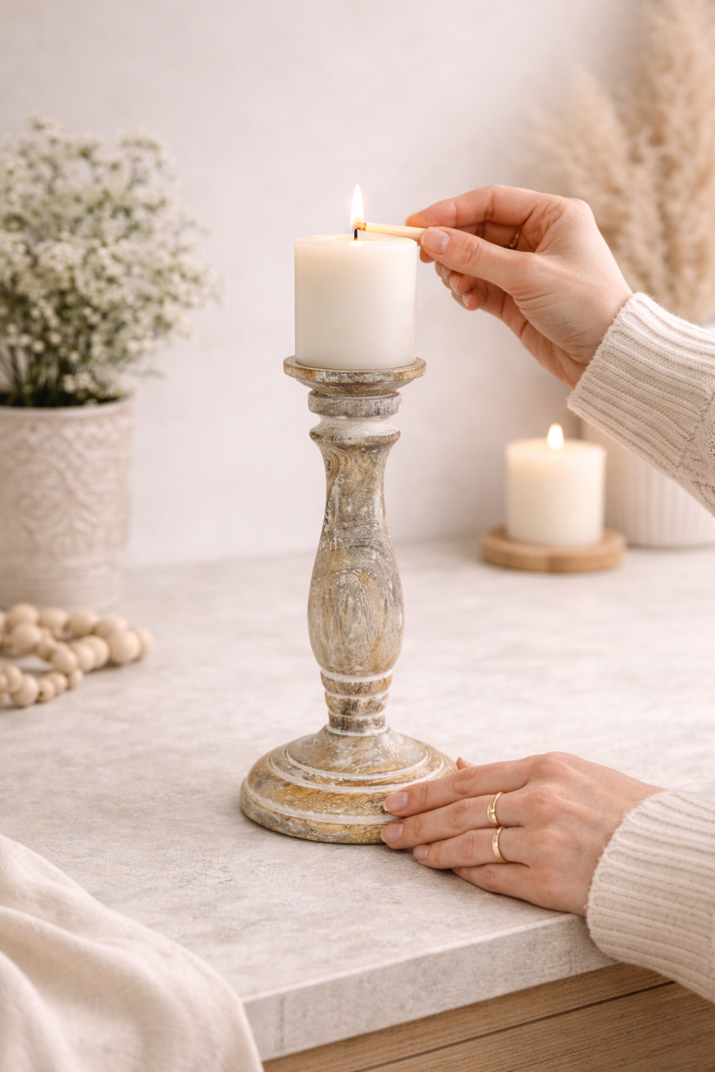 Mango Wood Candle Holder 9.5"x4" Natural White Accents