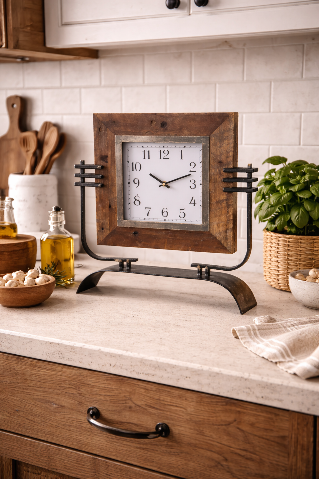 Wood Square Clock on Rustic Metal Stand (17.5" H)