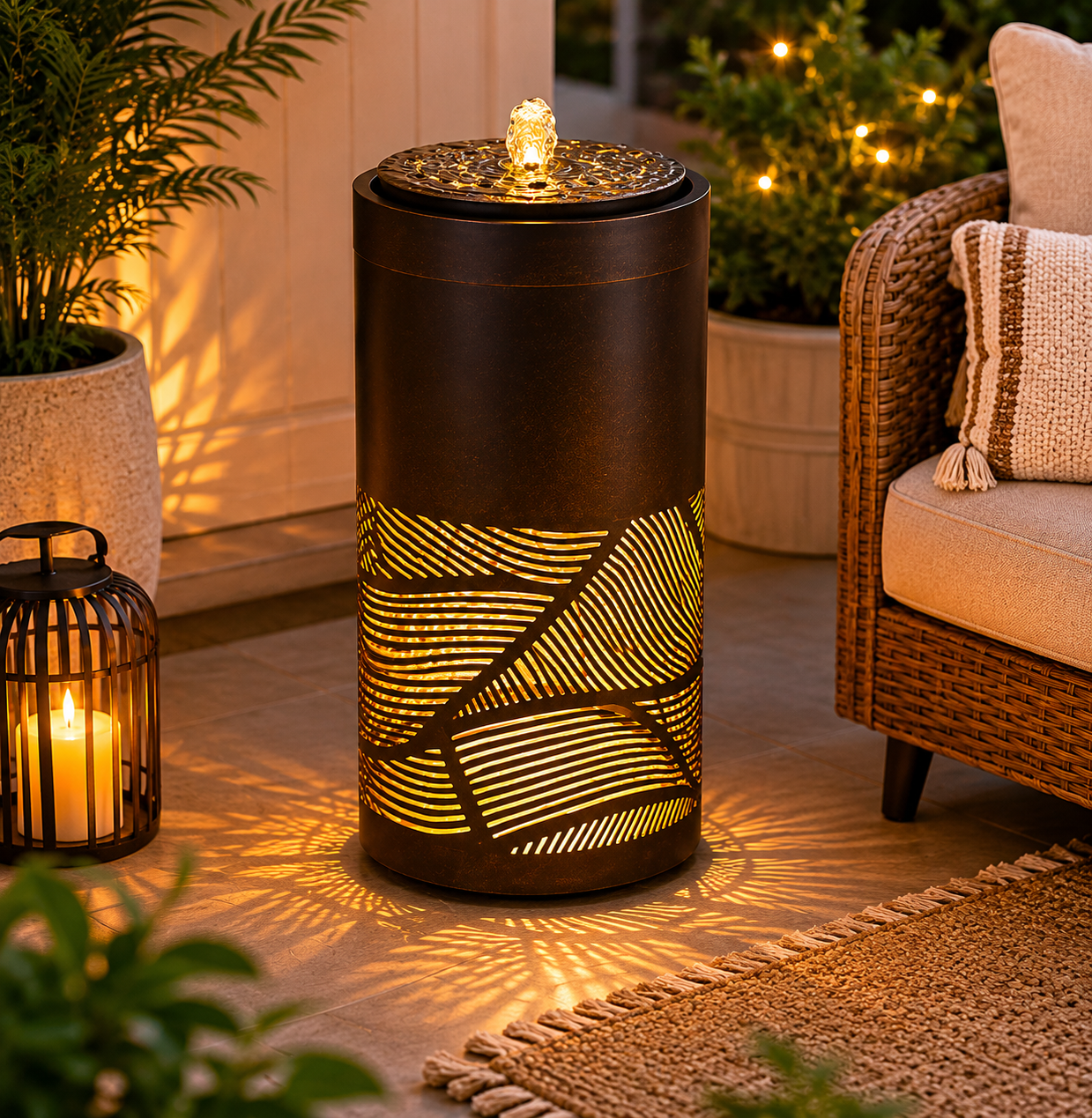 Luxury Illuminated Indoor Fountain – Modern Leaf Pattern Water Feature