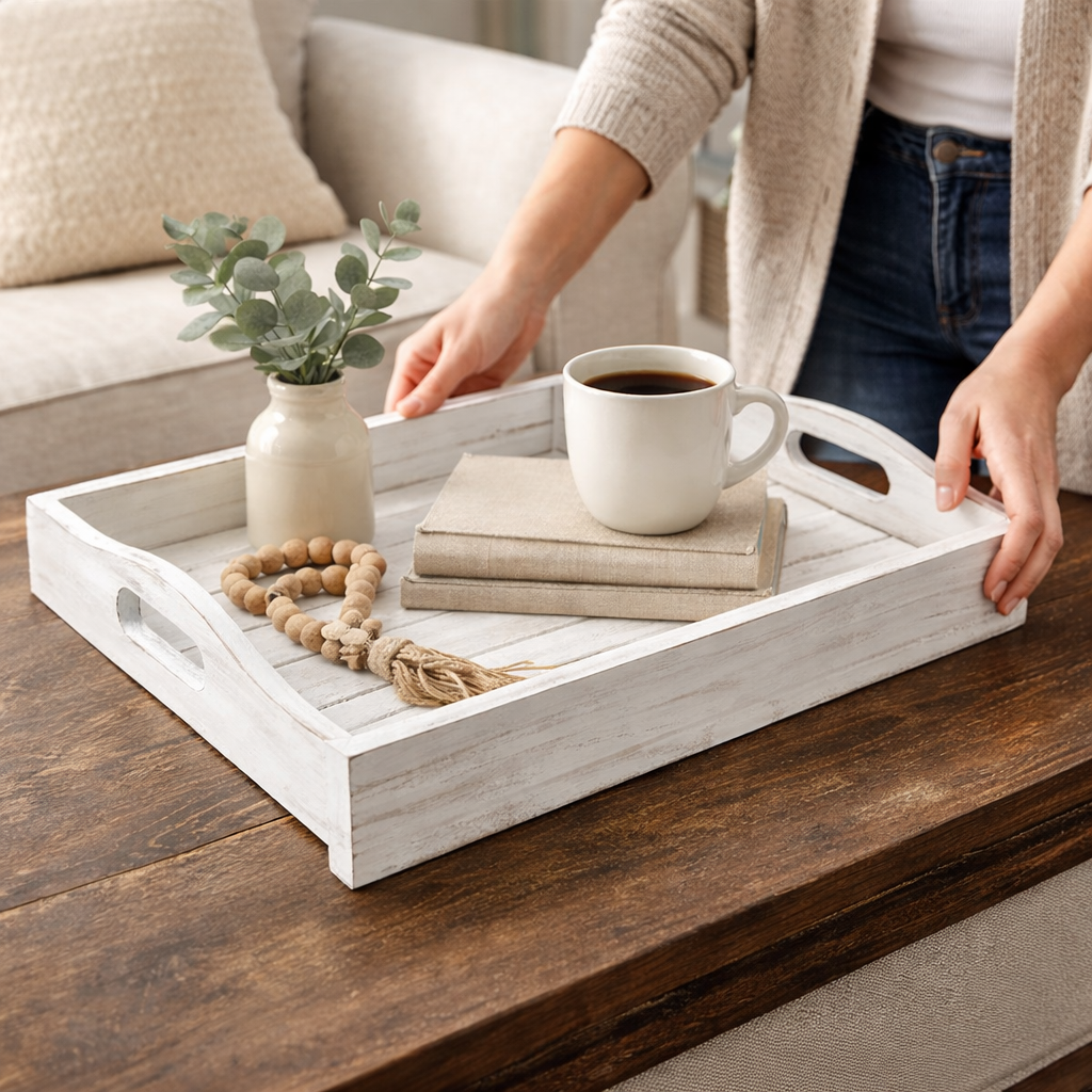 Distressed White Shiplap Decorative Tray – 15"