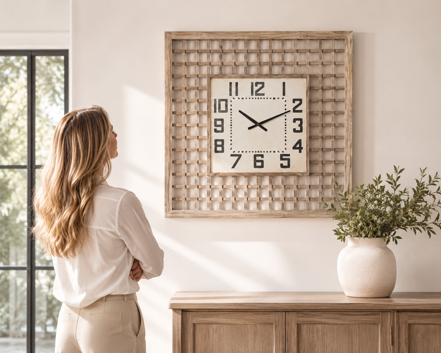 Whitewashed Lattice Wood Wall Clock – Oversized Modern Farmhouse Statement Décor
