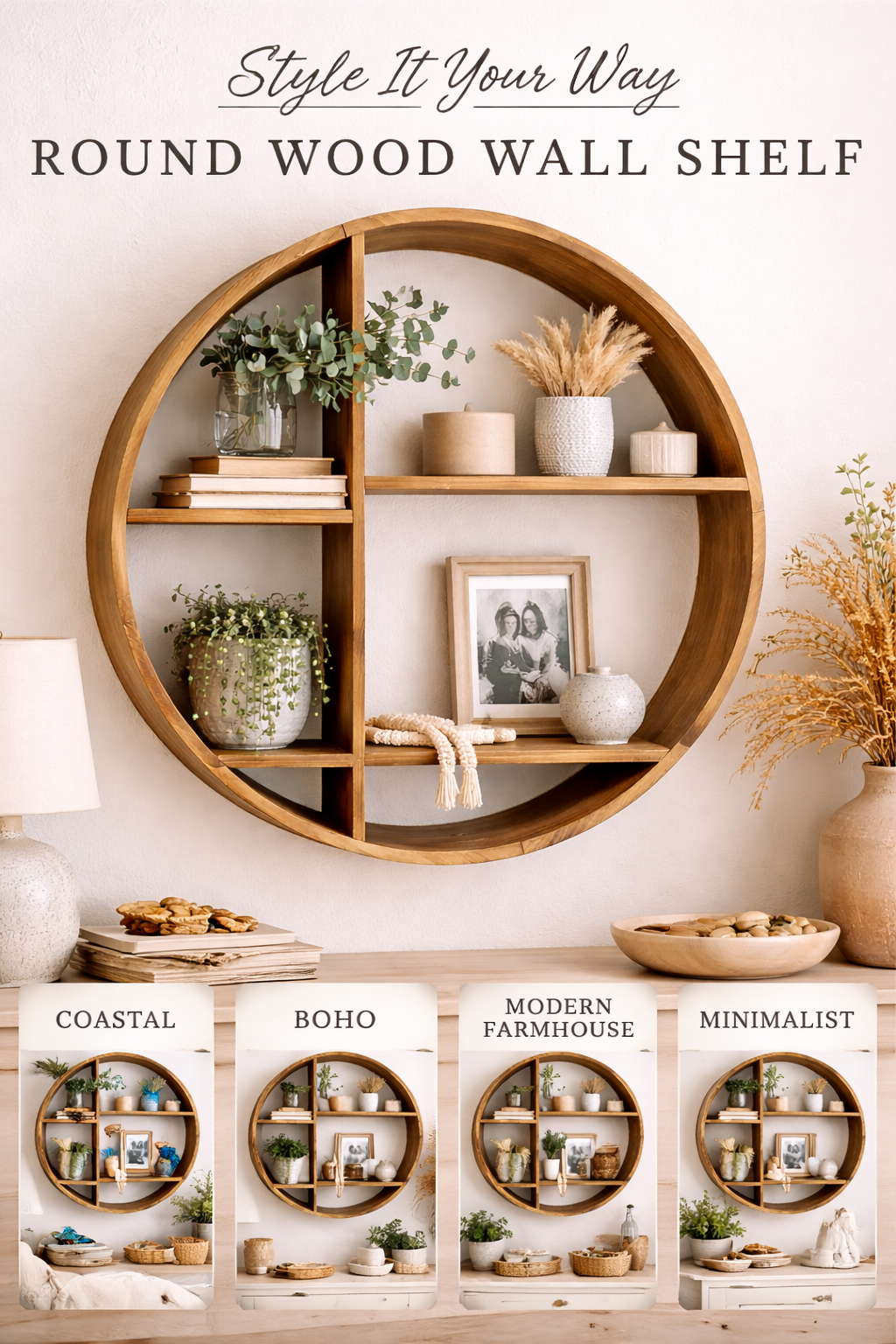 Round Wood Wall Shelf (24" x 24" x 8") — Natural Finish