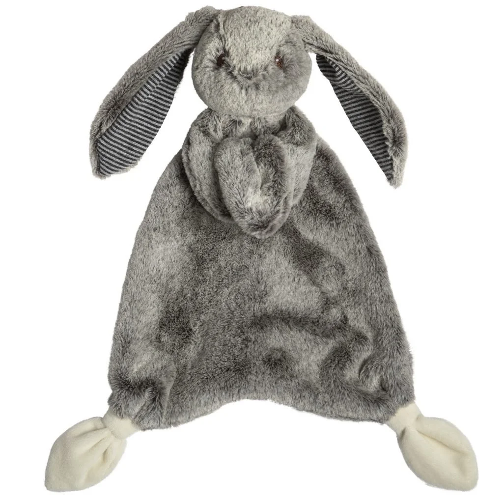 Silky Grey Bunny Lovey
– Super soft neutral plush body
– Cotton tail on back
– Flat body style, no stuffing
– Inner ear lining matches Putty Pinstripes
– Knotted legs/bottom corners
– Embroidered eyes
– Machine wash, air dry