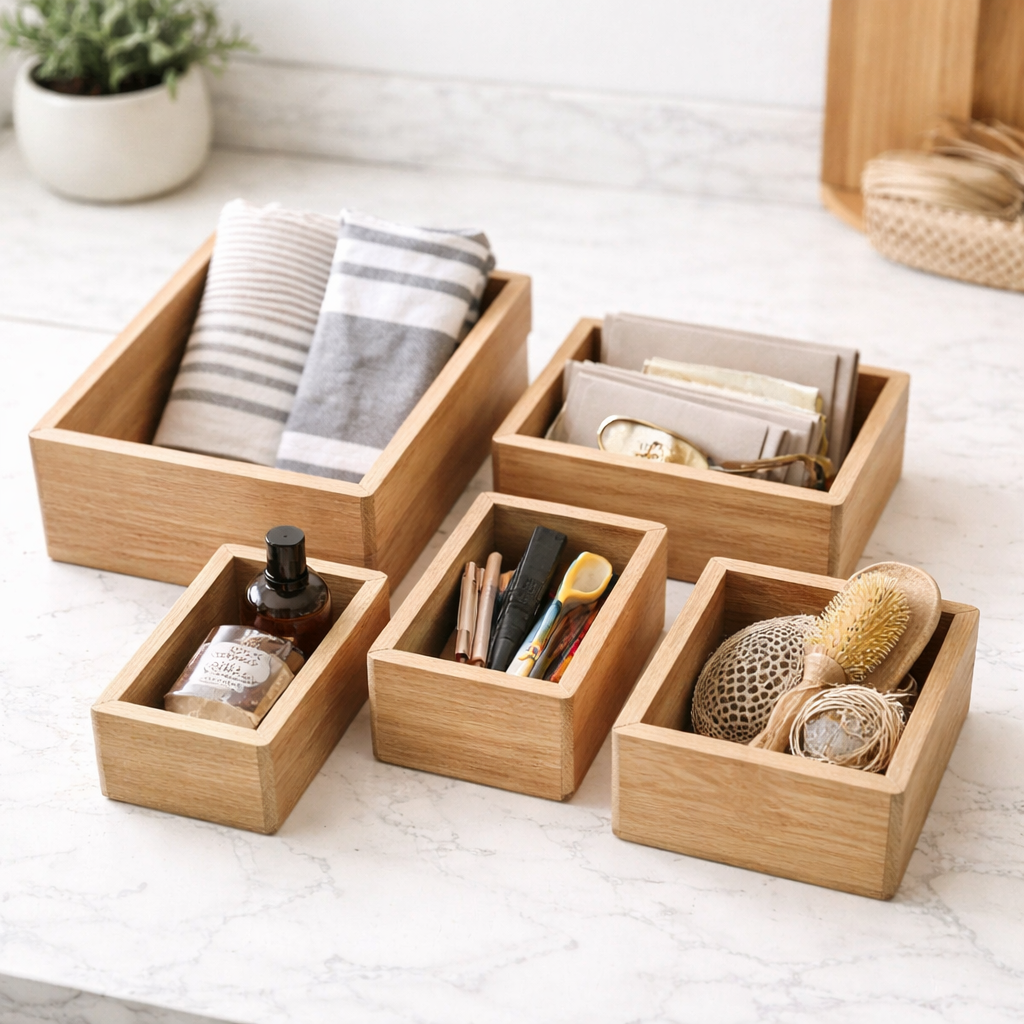 Natural Wood Storage Boxes — Set of 5