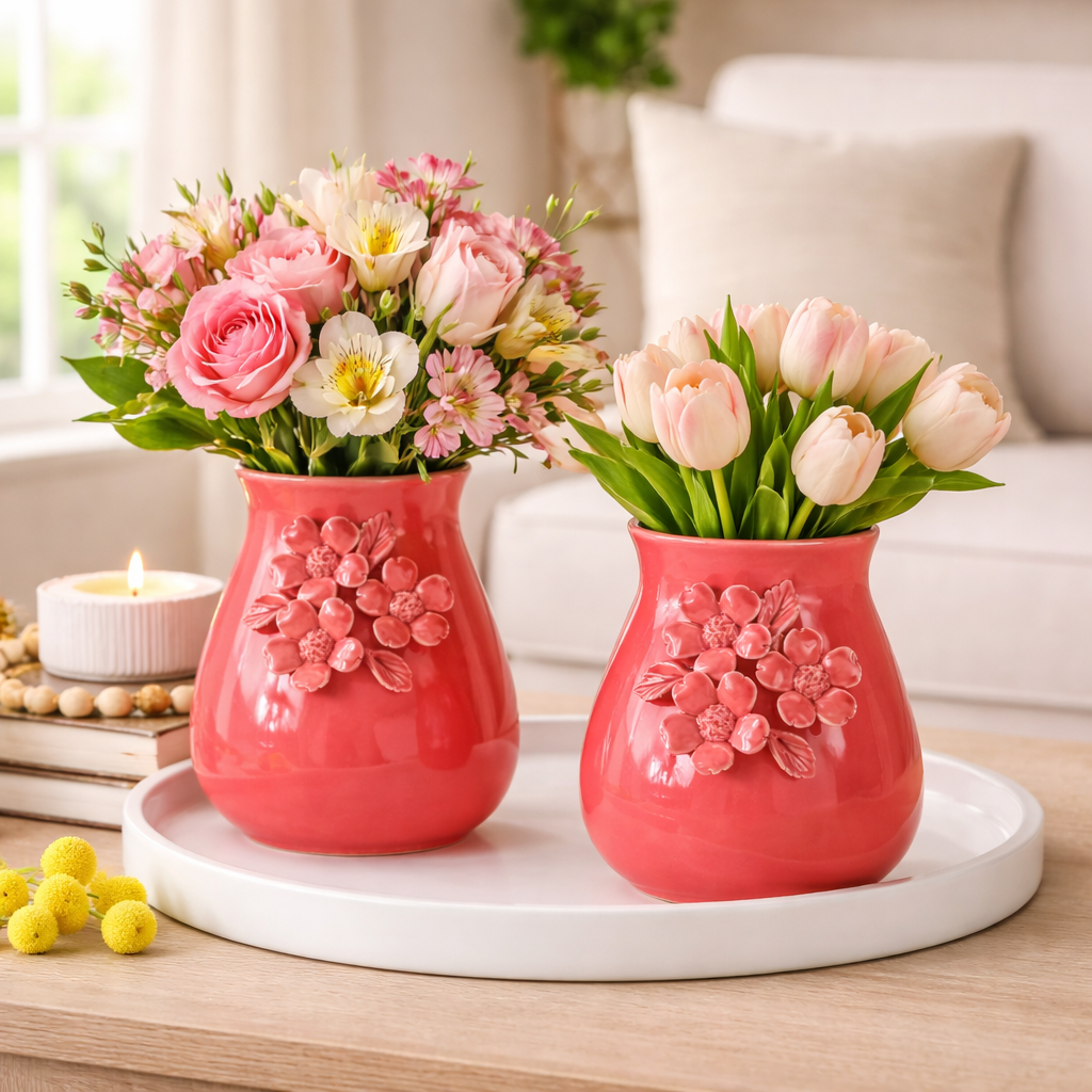 Pink Stoneware Floral Accent Vase Set of 2