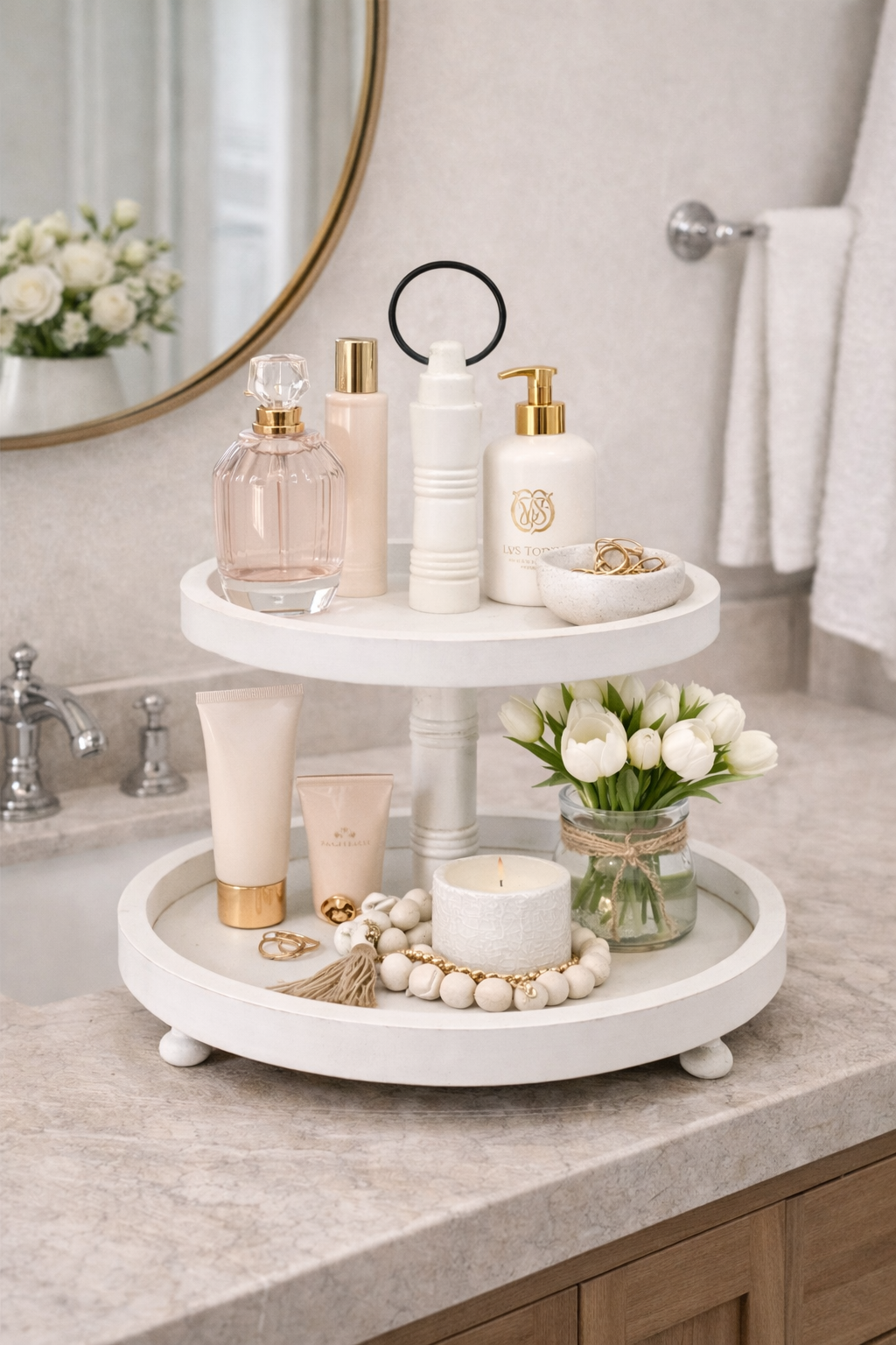 Two-Tier White Wood Decorative Tray Stand