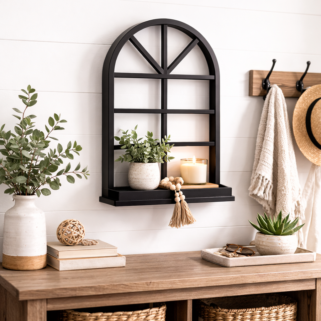 Arched Window Wall Shelf (Black) — 17" Tall Wood Frame with Display Ledge