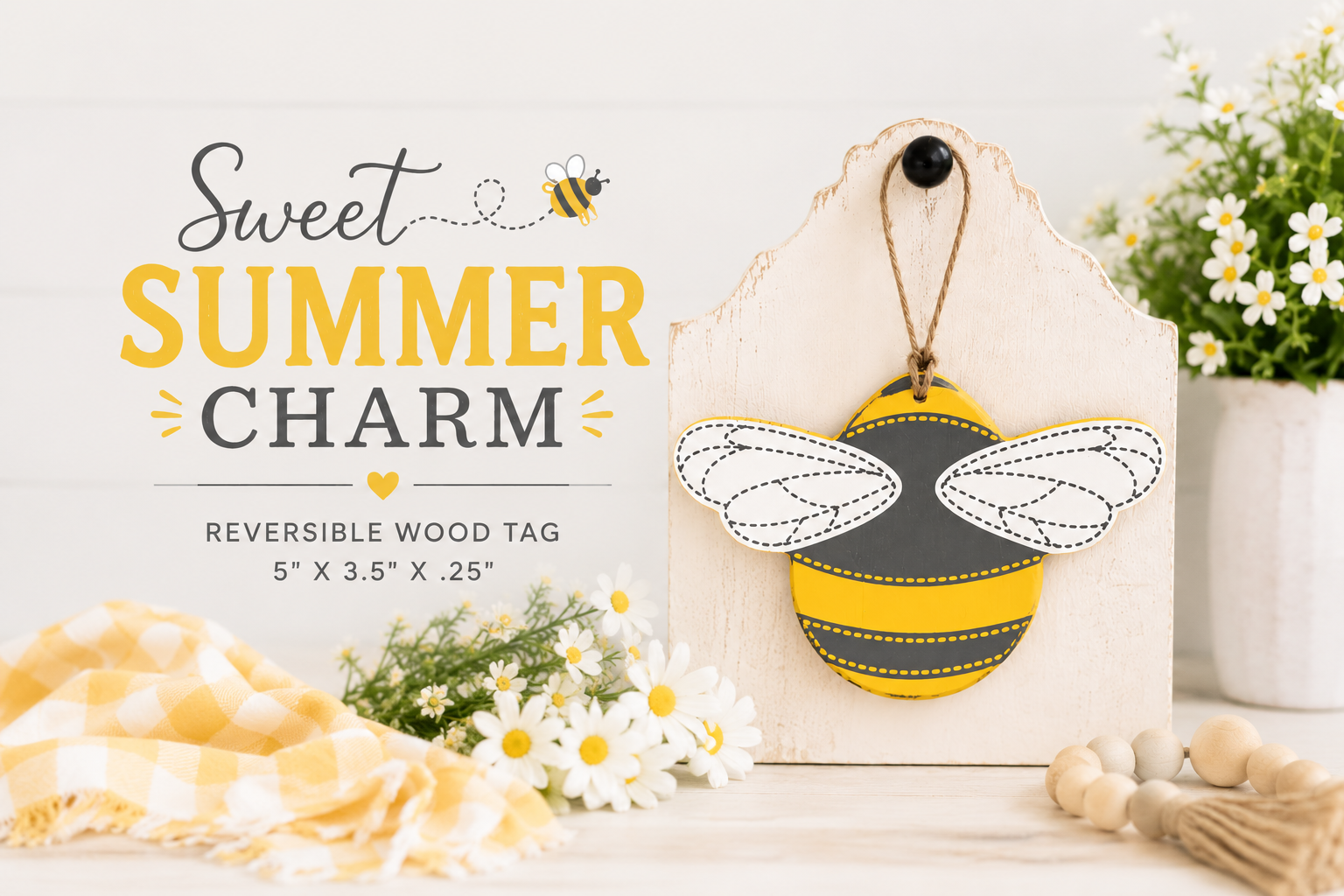 Reversible Wood Tag (Bee) Yellow/Gray/White