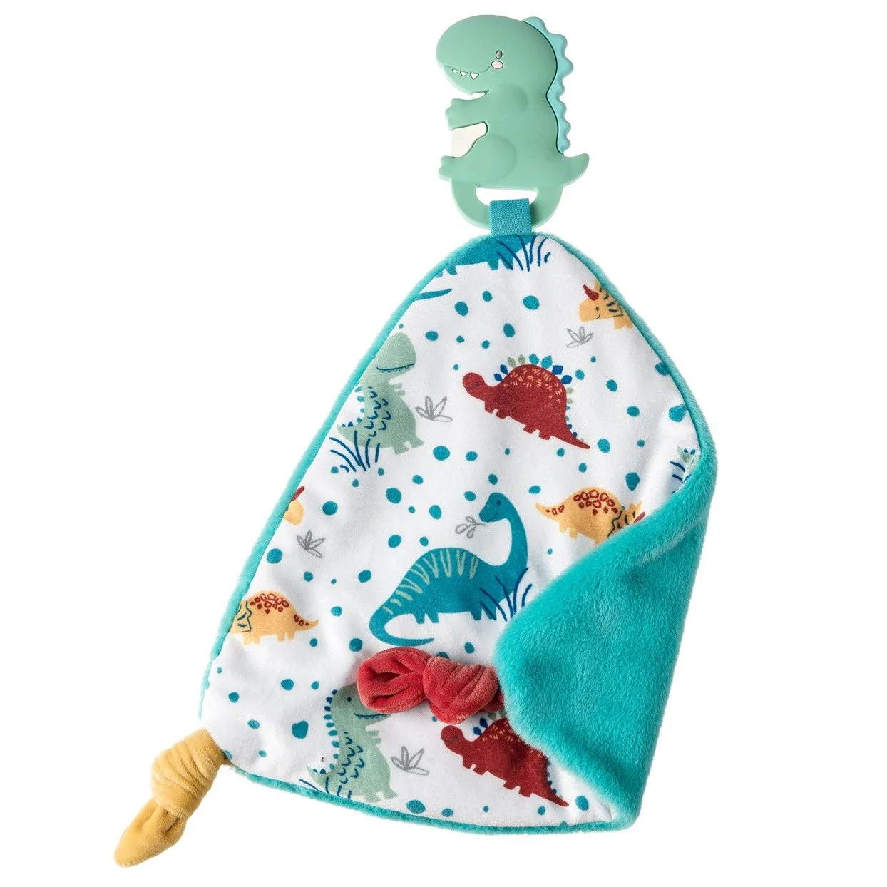  Lovey meets character blanket
– One-piece multi-color molded animal silicone teether attached at the top corner
– Front side print is original, one of a kind Mary Meyer artwork
– Two knotted corners and textured teether back side provide tactile sti