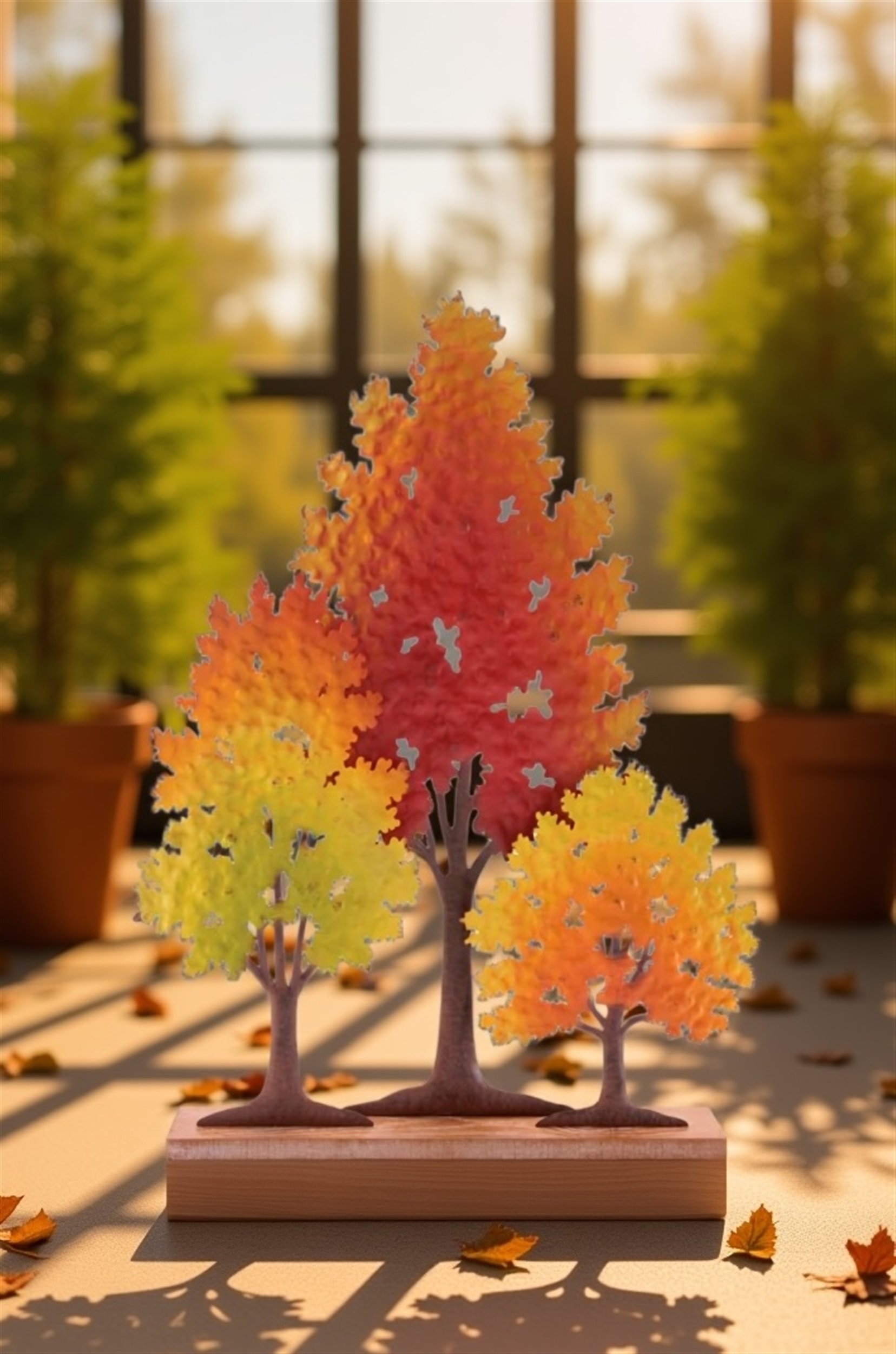 Colorful autumn tree decorations with leaves in shades of red, orange, yellow, and green, placed on a wooden base, with a window and potted plants in the background.