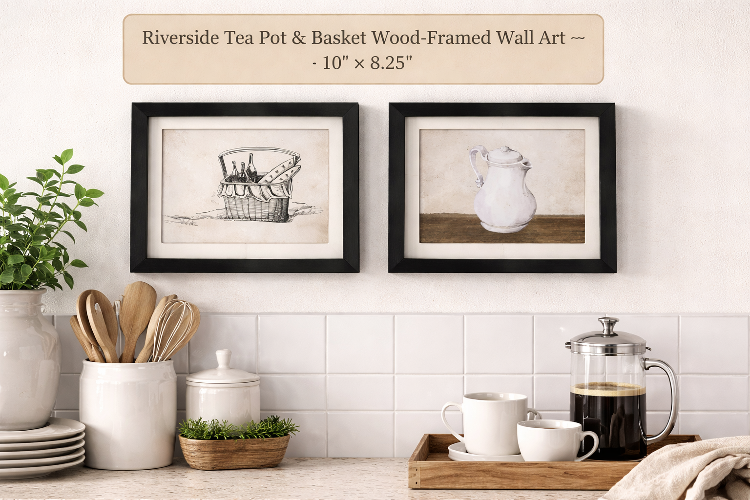 Riverside Tea Pot & Basket Wood-Framed Wall Art