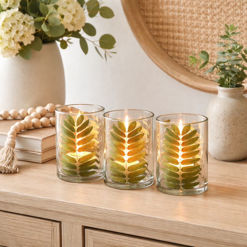 Nature-Inspired Dried Leaf Candle Holder Set of 3