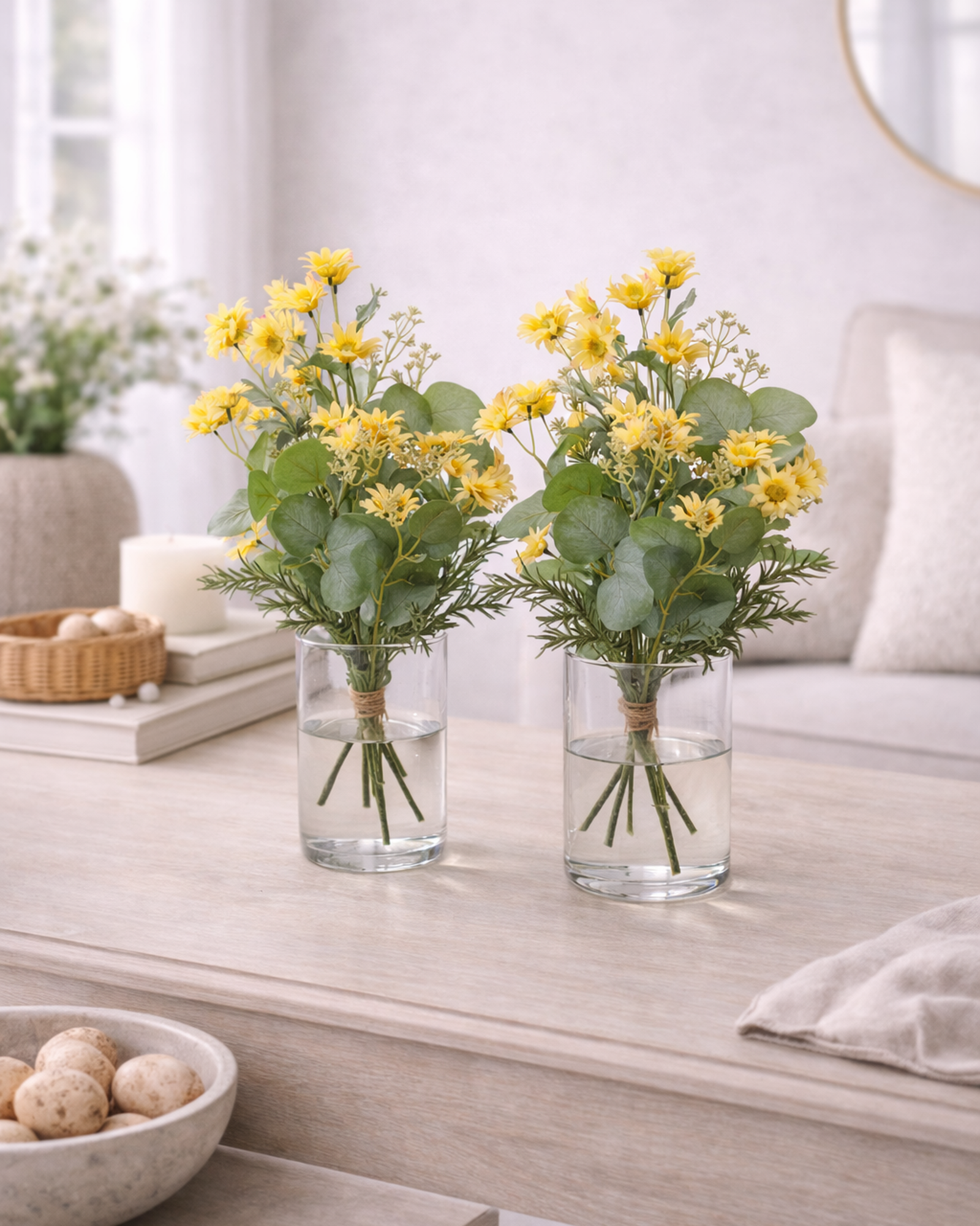 Yellow Mini Daisy & Eucalyptus Floral Bundles – Set of 2