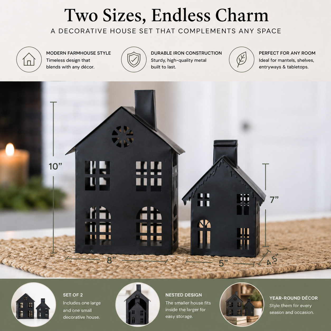 Modern Farmhouse Metal House Accent Set – Black Iron Decorative Homes (Set of 2)