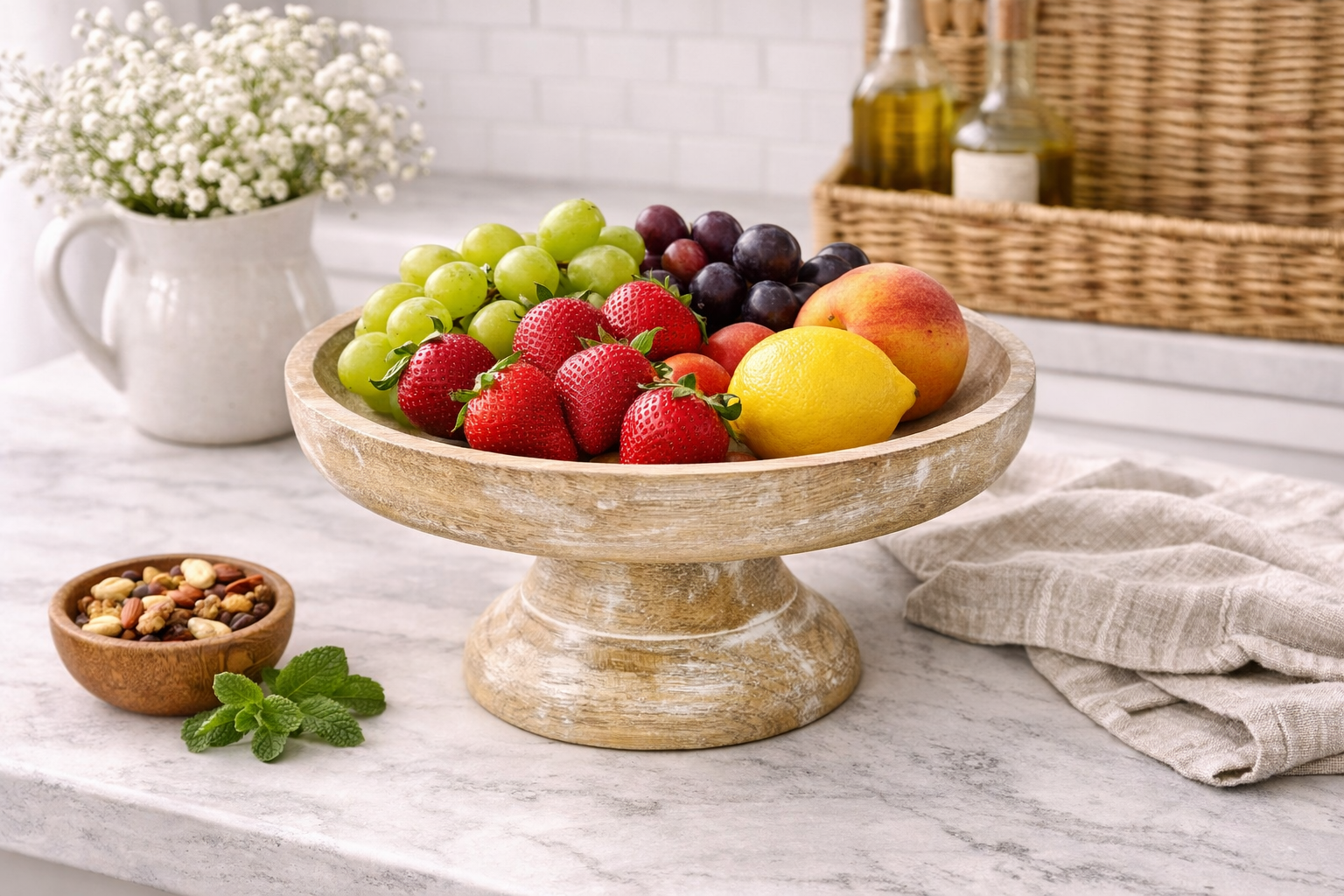 Natural & White Mango Wood Pedestal Bowl – 10″