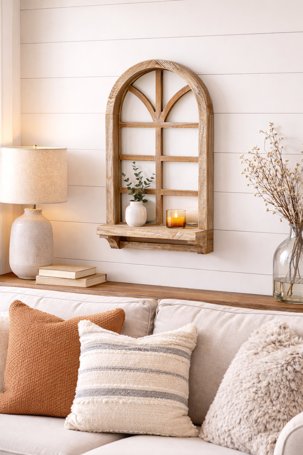 Rustic Natural Wood Arched Window Shelf