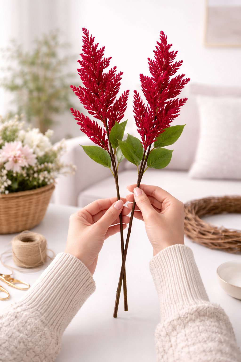Bright Red Astilbe Floral Sprays – Set of 2