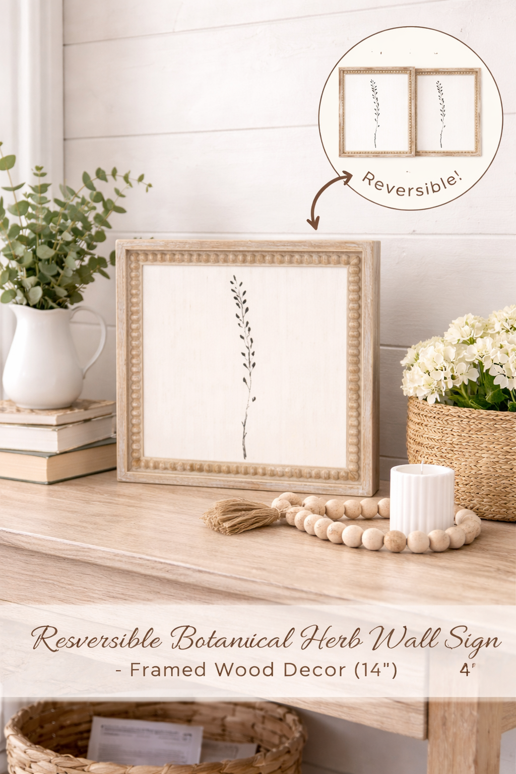 Reversible Botanical Herb Wall Sign – Framed Wood Décor (14")