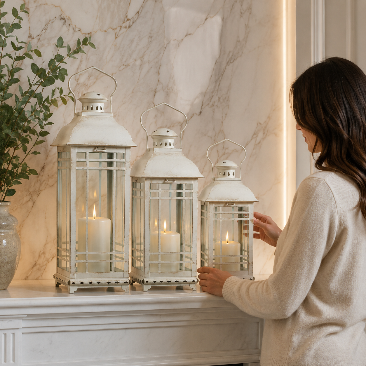Windsor Manor Ivory Lantern Set – Luxury Whitewashed Candle Lanterns (Set of 3)