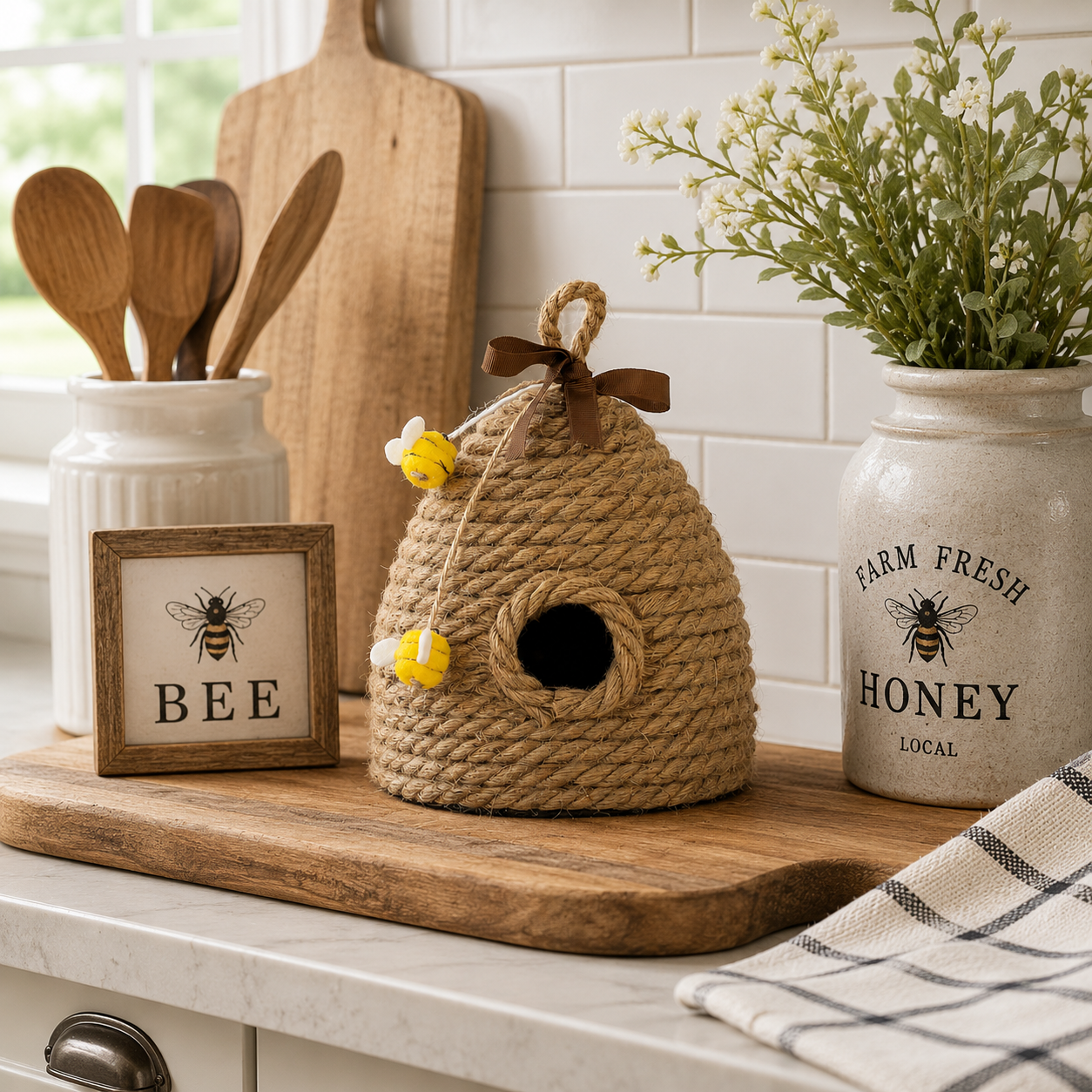 Rustic Jute Bee Hive Hanging Accent – Farmhouse Garden Décor