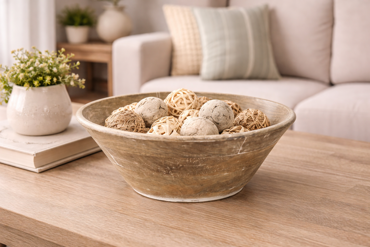 Mango Wood Bowl Natural with White Accents