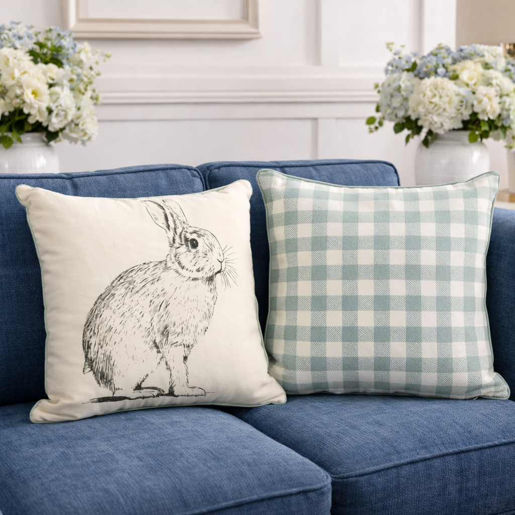 Reversible Rabbit & Sage Gingham Throw Pillow – Two Looks in One