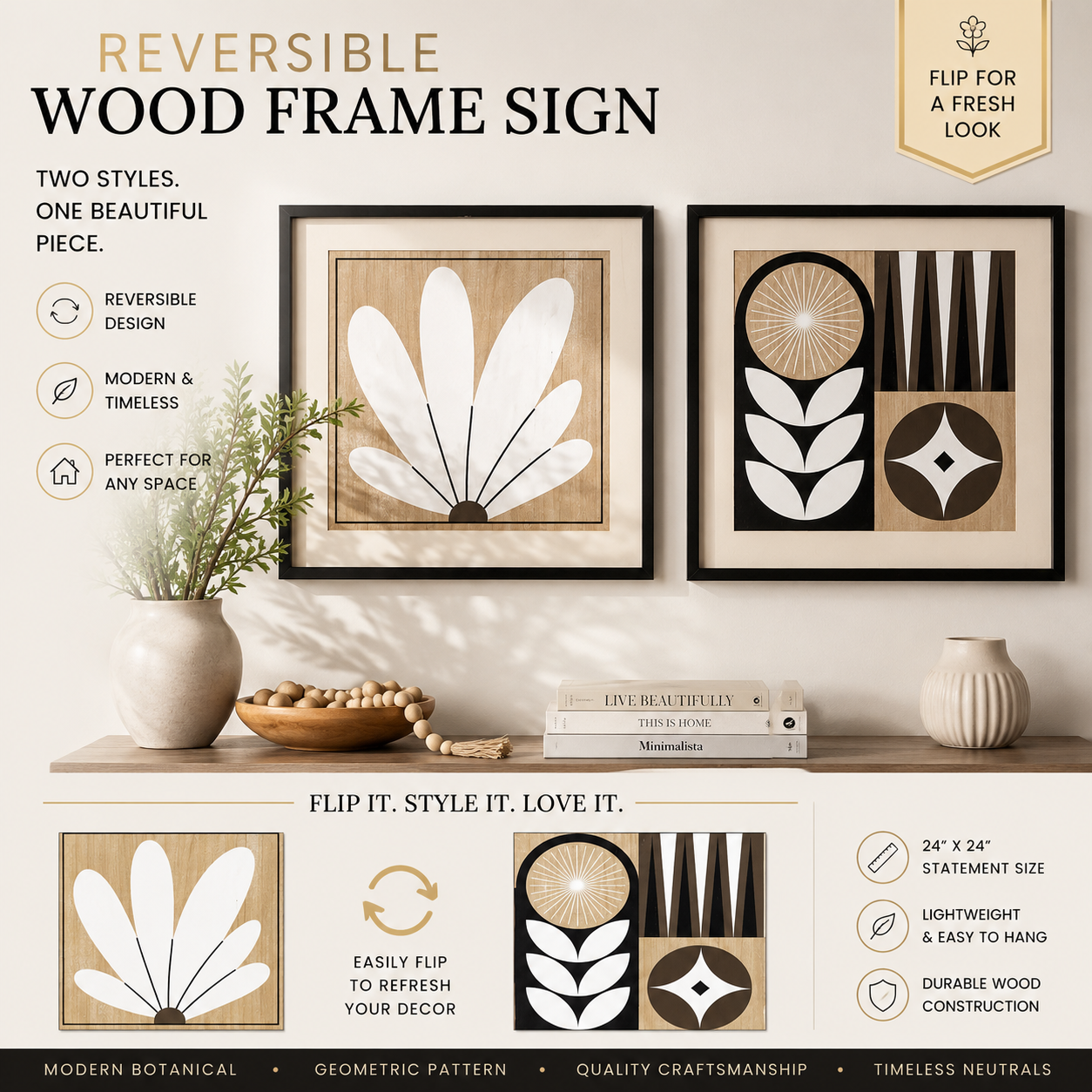 Reversible Modern Botanical & Geometric Wood Framed Wall Sign