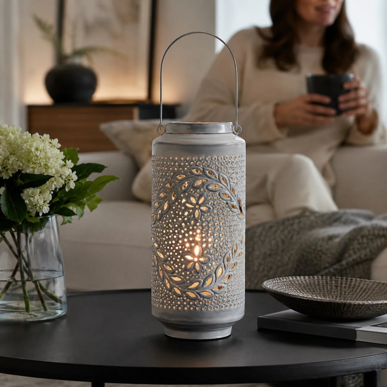 Glow Haven Pierced Metal Lantern – Luxury Gray Candle Accent 15.5”