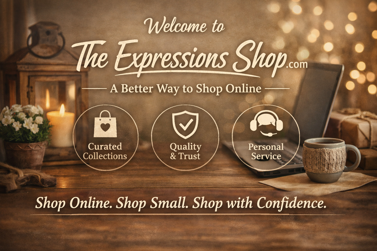 Home decor with a lit candle, potted flowers, a laptop, a coffee mug, and wrapped gift boxes, promoting The Expressions Shop online store.