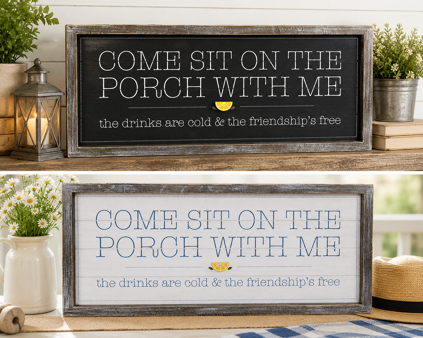 Reversible Porch Welcome Wood Framed Sign – Two Farmhouse Looks in One
