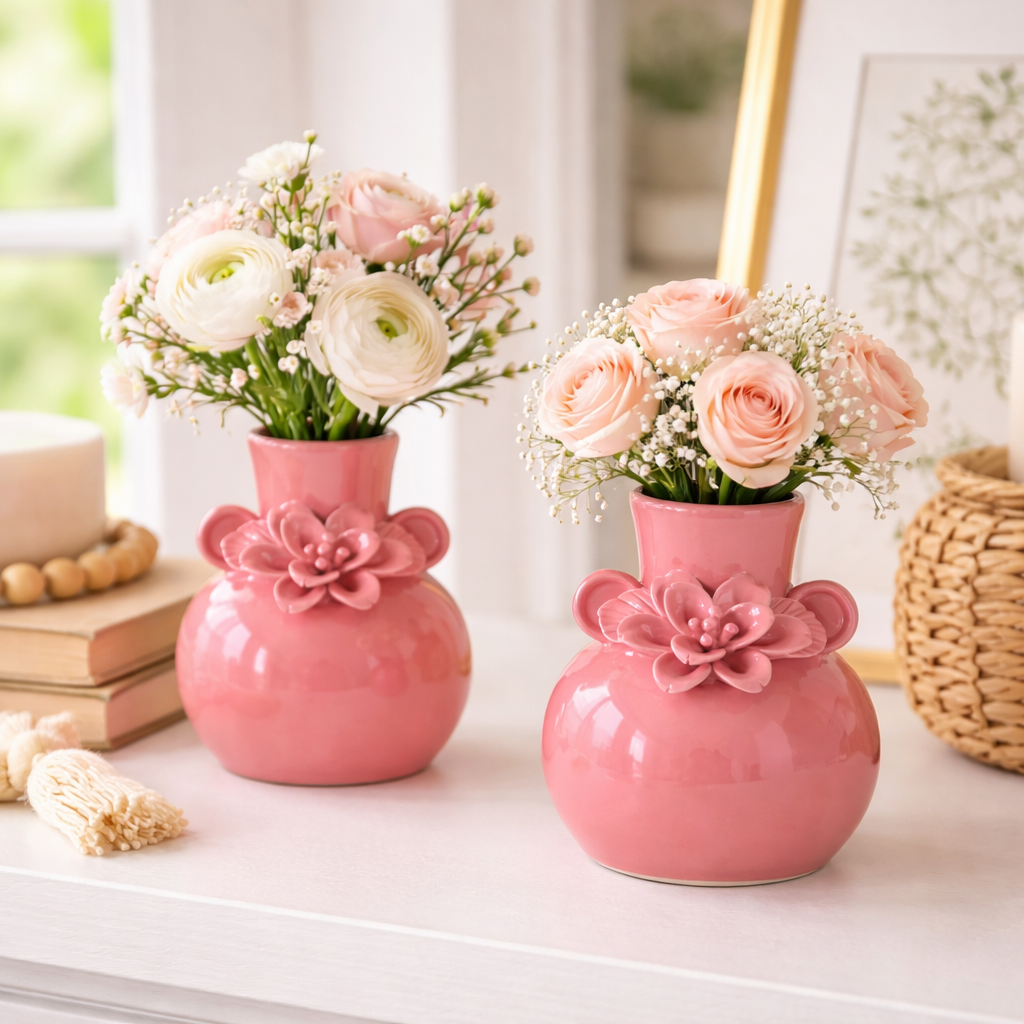 Light Pink Stoneware Floral Accent Bud Vase Set of 2