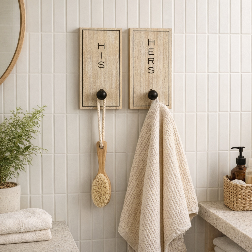 His & Hers Wood Hook board Set (2-Piece) — Natural Wood with Black Knobs