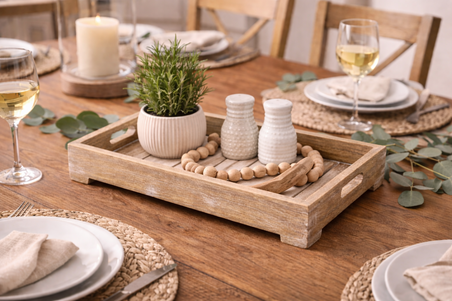 Natural & White Mango Wood Display Tray 16"L × 10"W