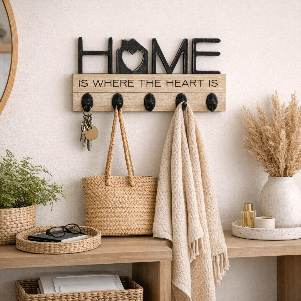 Home Is Where the Heart Is Hookboard — 5-Hook Wall Rack (Natural/Black)