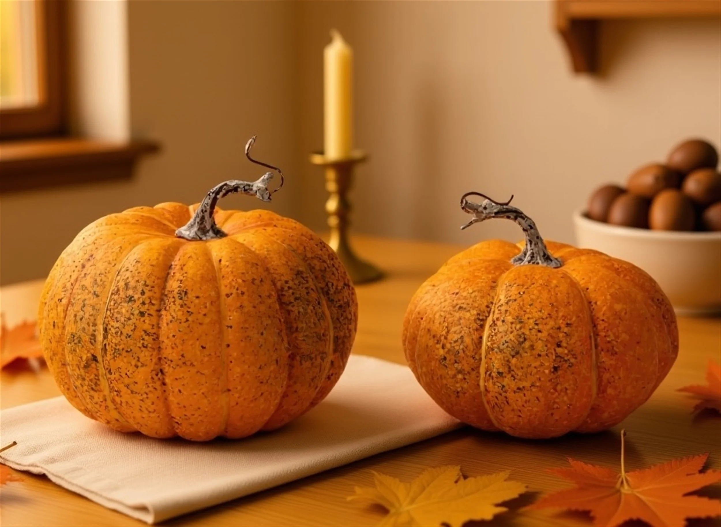 Two orange pumpkins with speckled skin and curly dried stems on a white cloth, with a candle, a bowl of walnuts, and autumn leaves in the background.