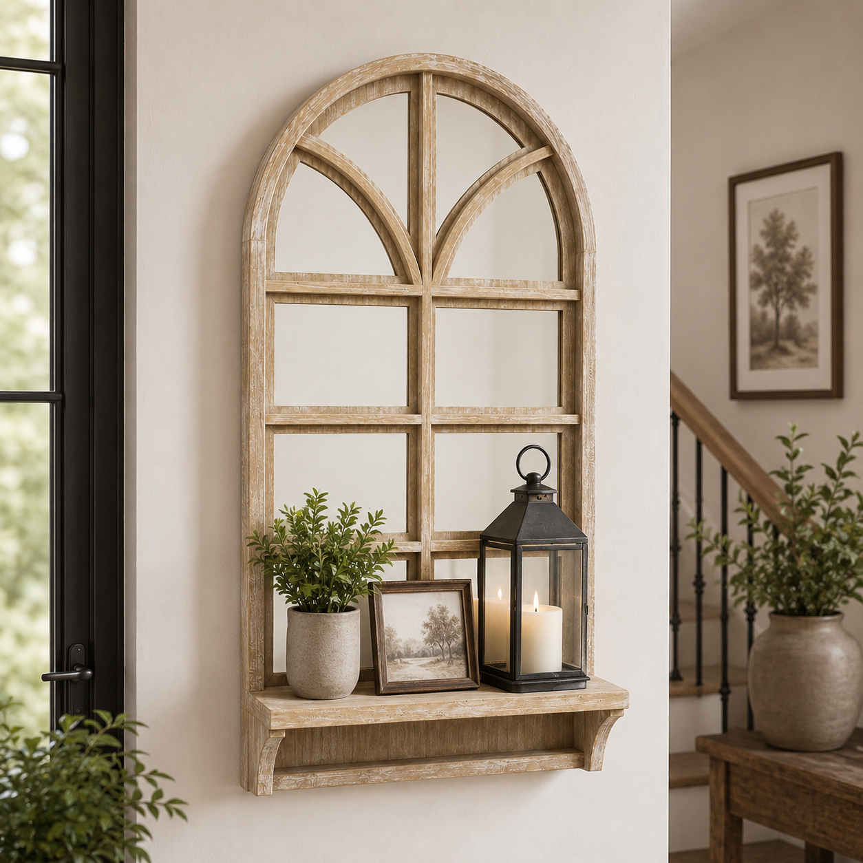 Architectural Arched Window Wall Shelf with Display Ledge – Natural Wood 35.5"