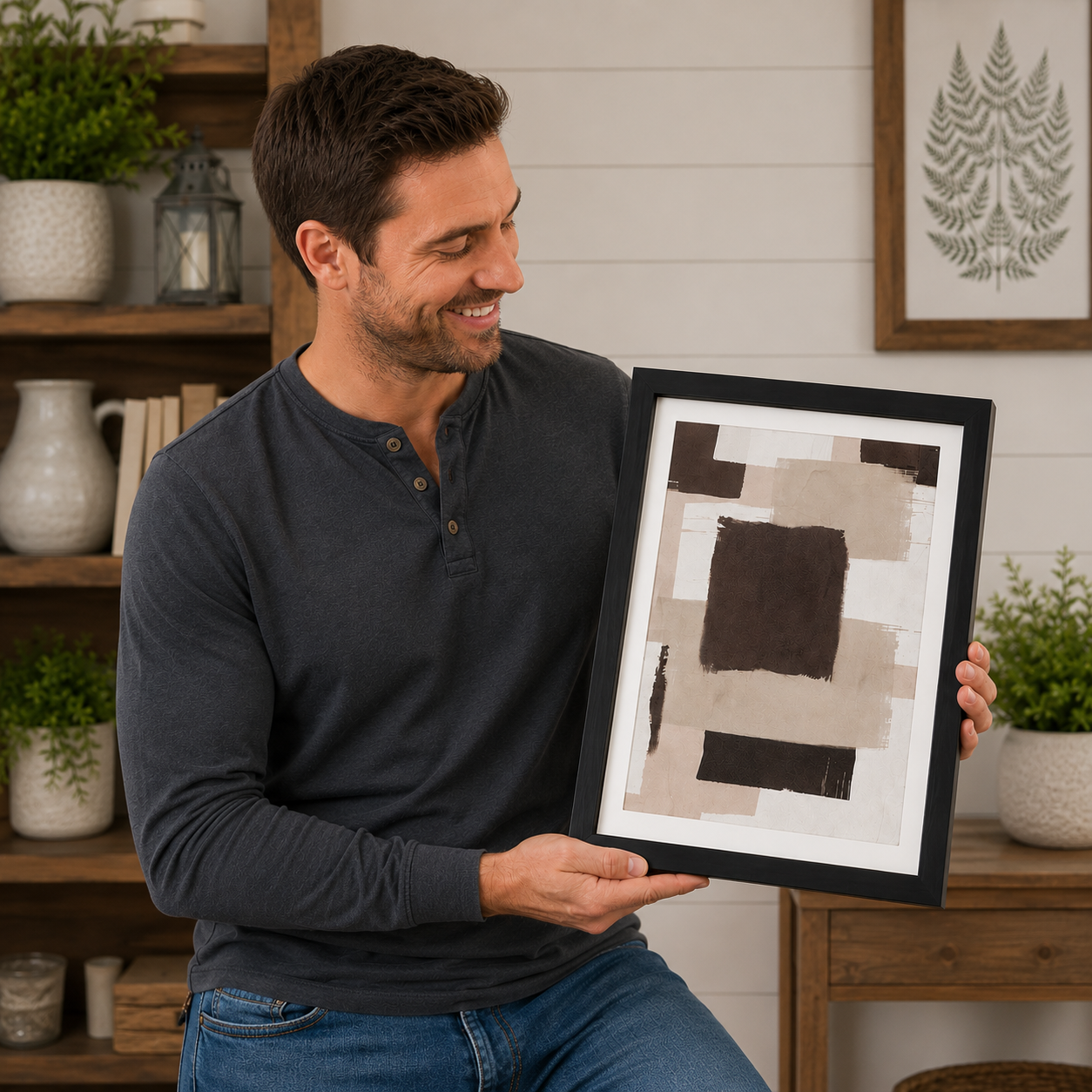 Reversible Floral Sketch & Modern Abstract Wood Framed Sign – Two Designer Looks in One
