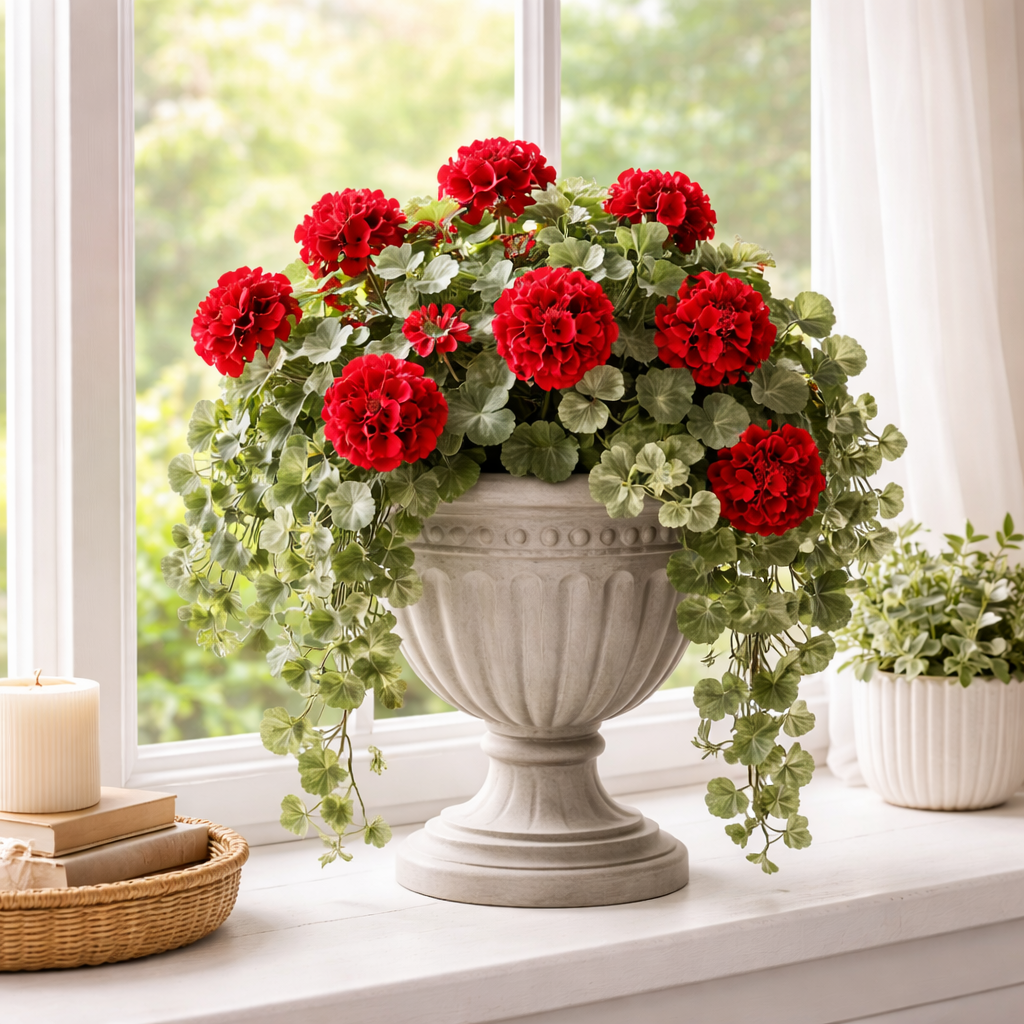 Red Hanging Geranium Floral Bush Set of 2