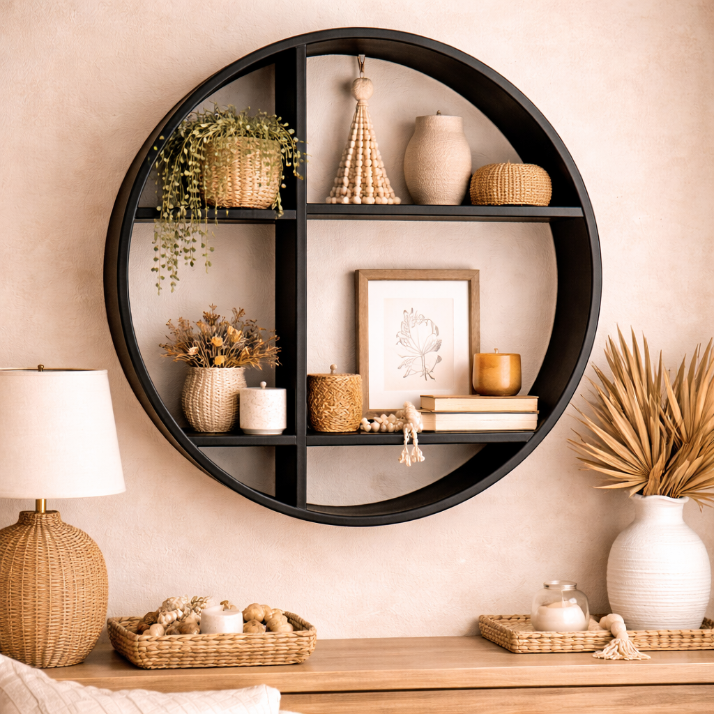 Round Metal Wall Shelf (24" x 24" x 8") — Black Finish