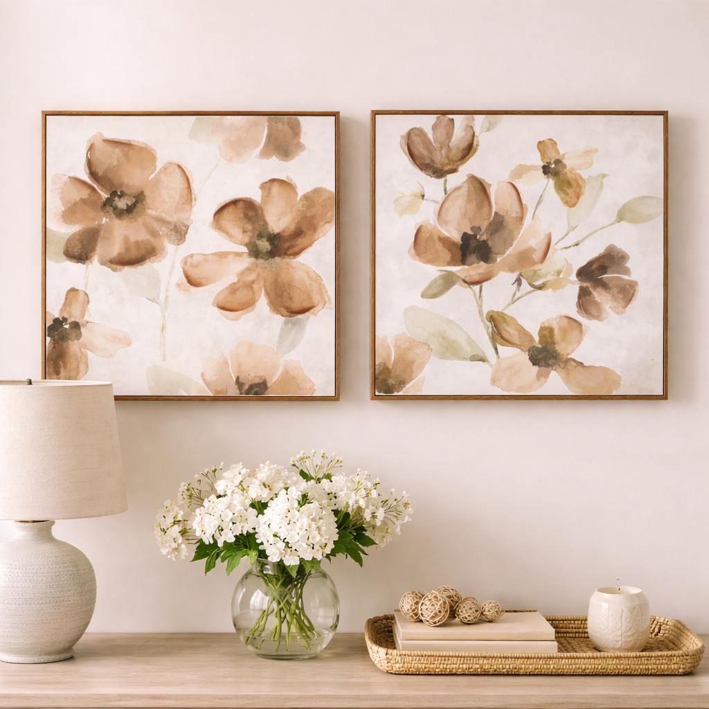 Wood Framed Floral Block Plaque Set of 2