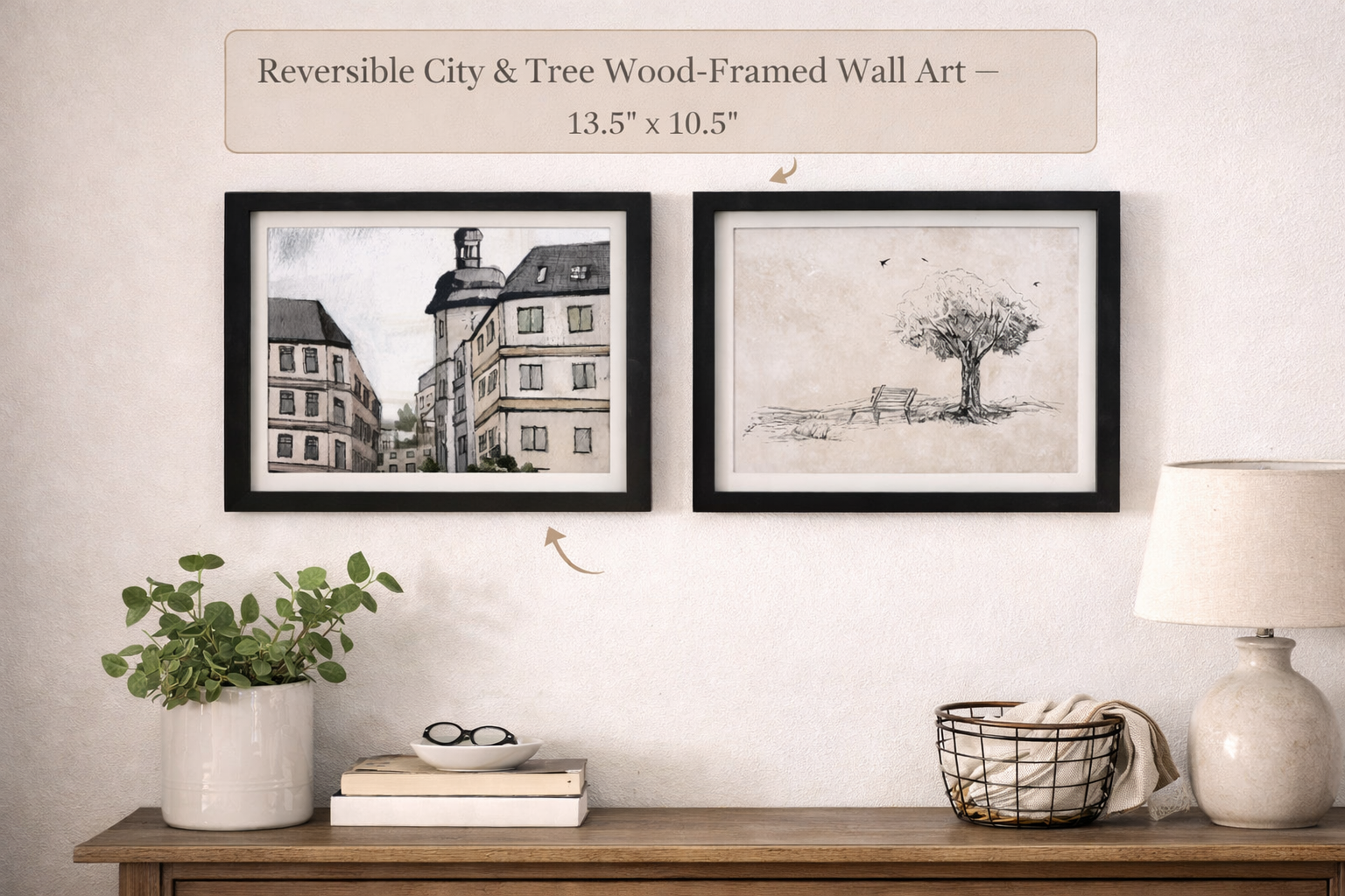2-in-1 Reversible Framed Sign  Architectural Sketch / Tree & Bench