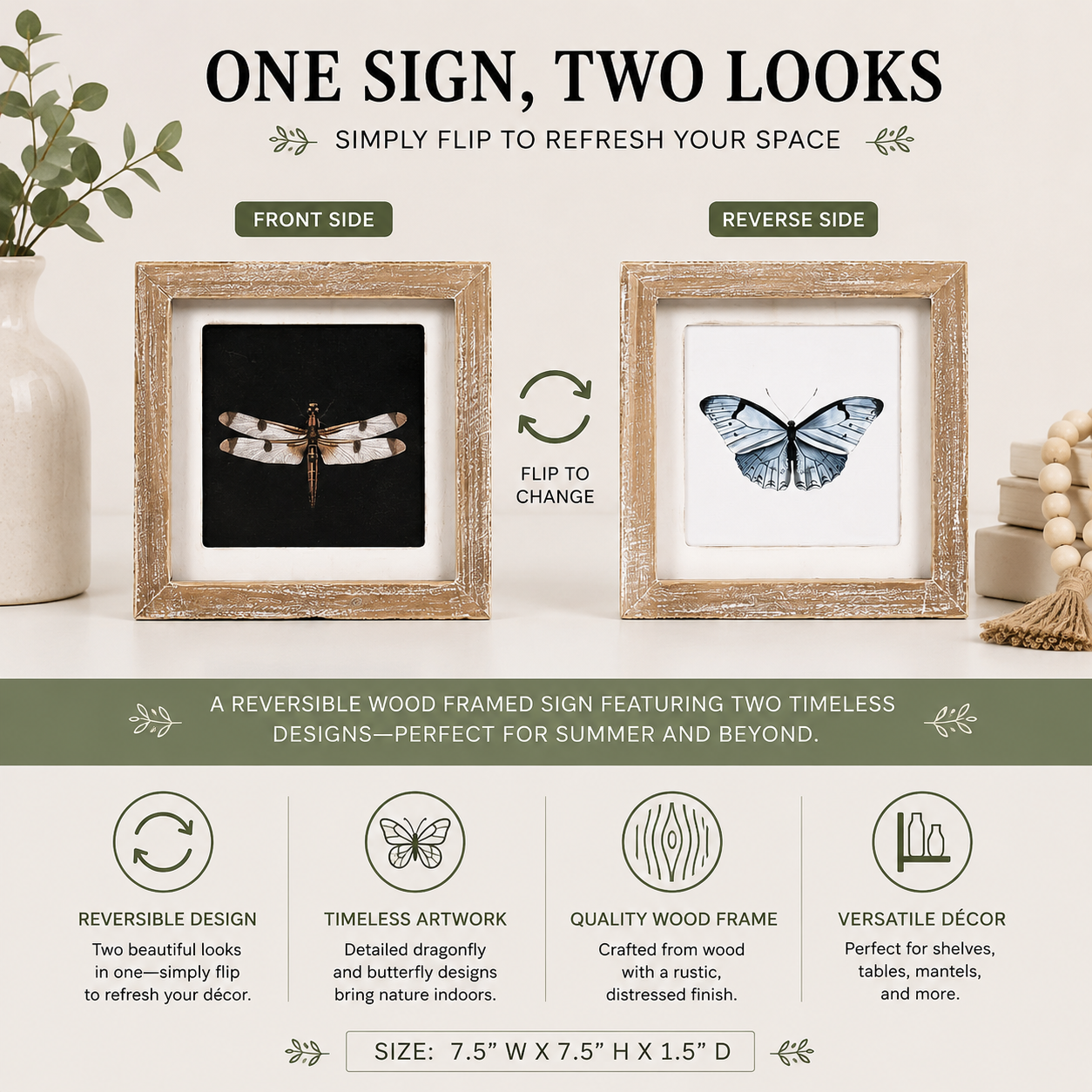 Reversible Dragonfly & Butterfly Wood Framed Sign – Nature-Inspired Farmhouse Décor
