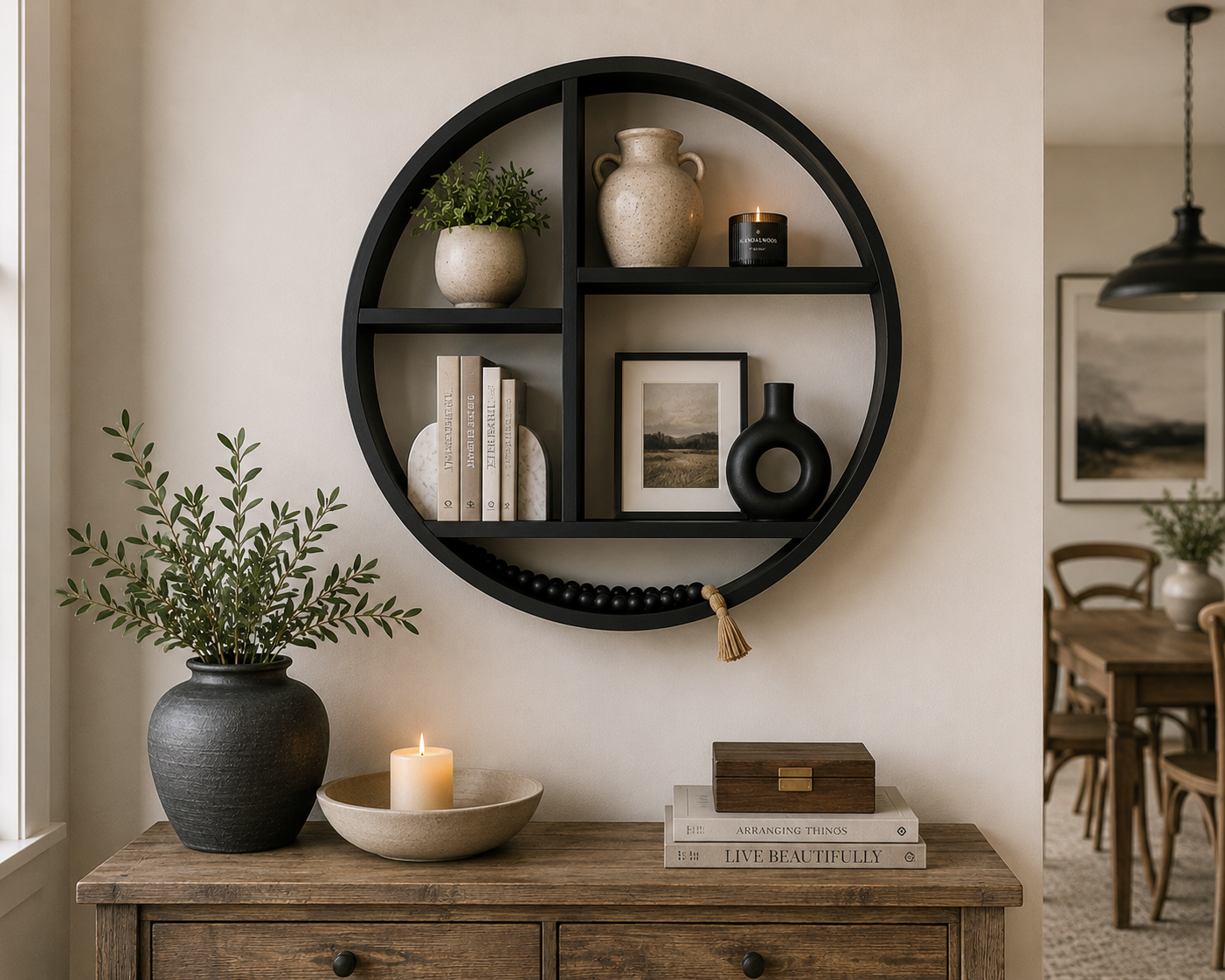 Architectural Round Wall Shelf – Matte Black Metal 24"