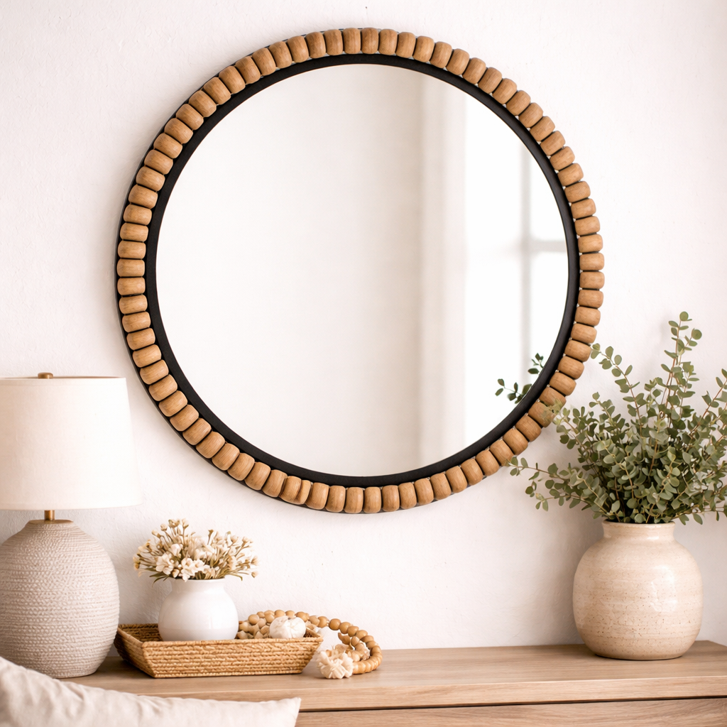 Round Wood Beaded Mirror (24") — Natural & Black