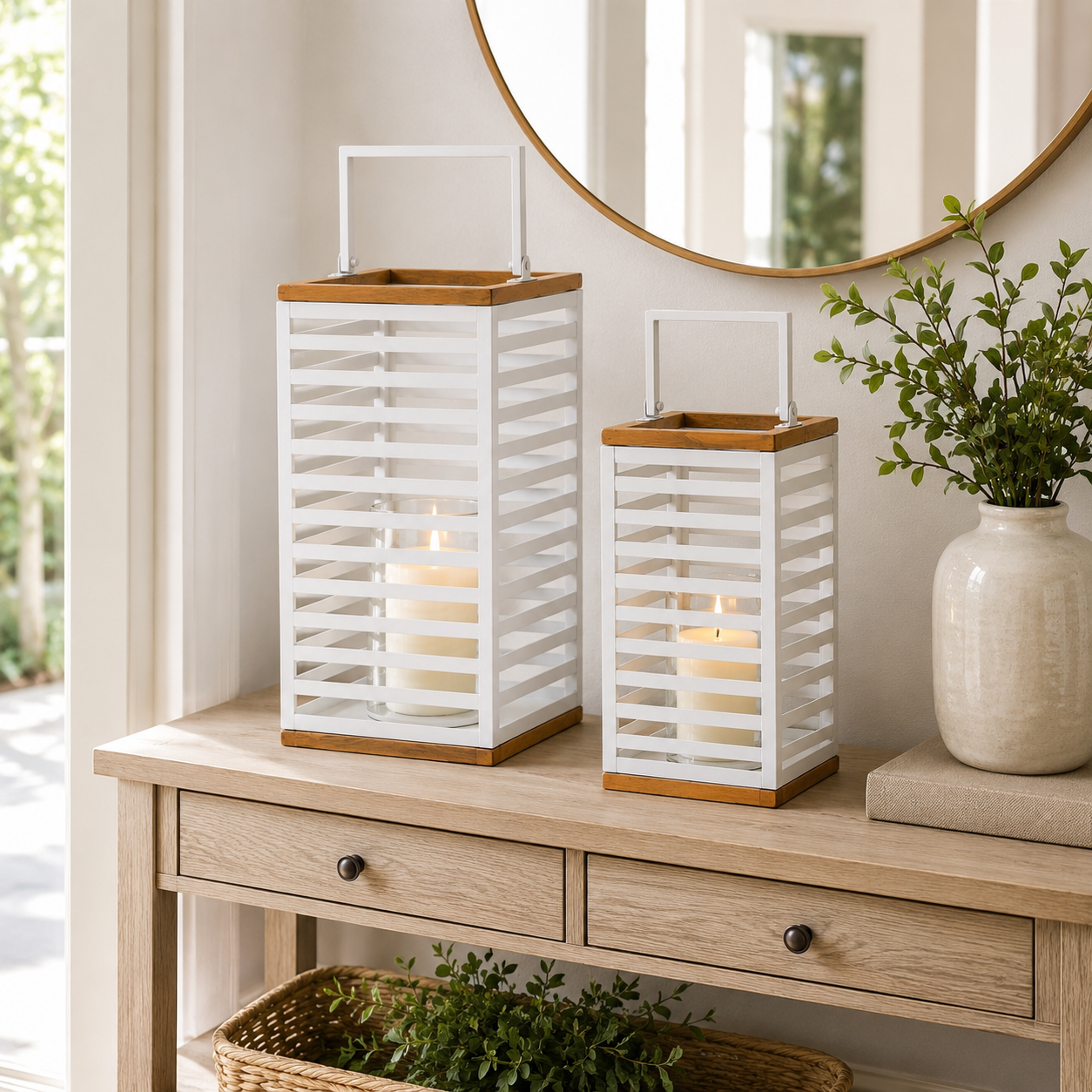 Modern White Metal & Wood Lantern Set – Set of 2