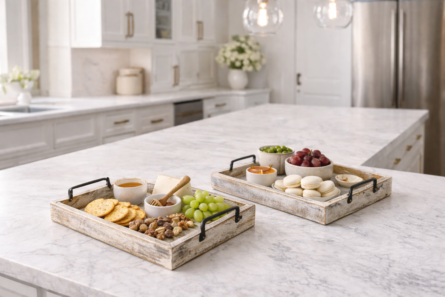 Two rustic trays with crackers, nuts, cheese, honey, green and purple grapes, macarons, and fruit preserves on a white marble kitchen island with a modern white kitchen in the background.
