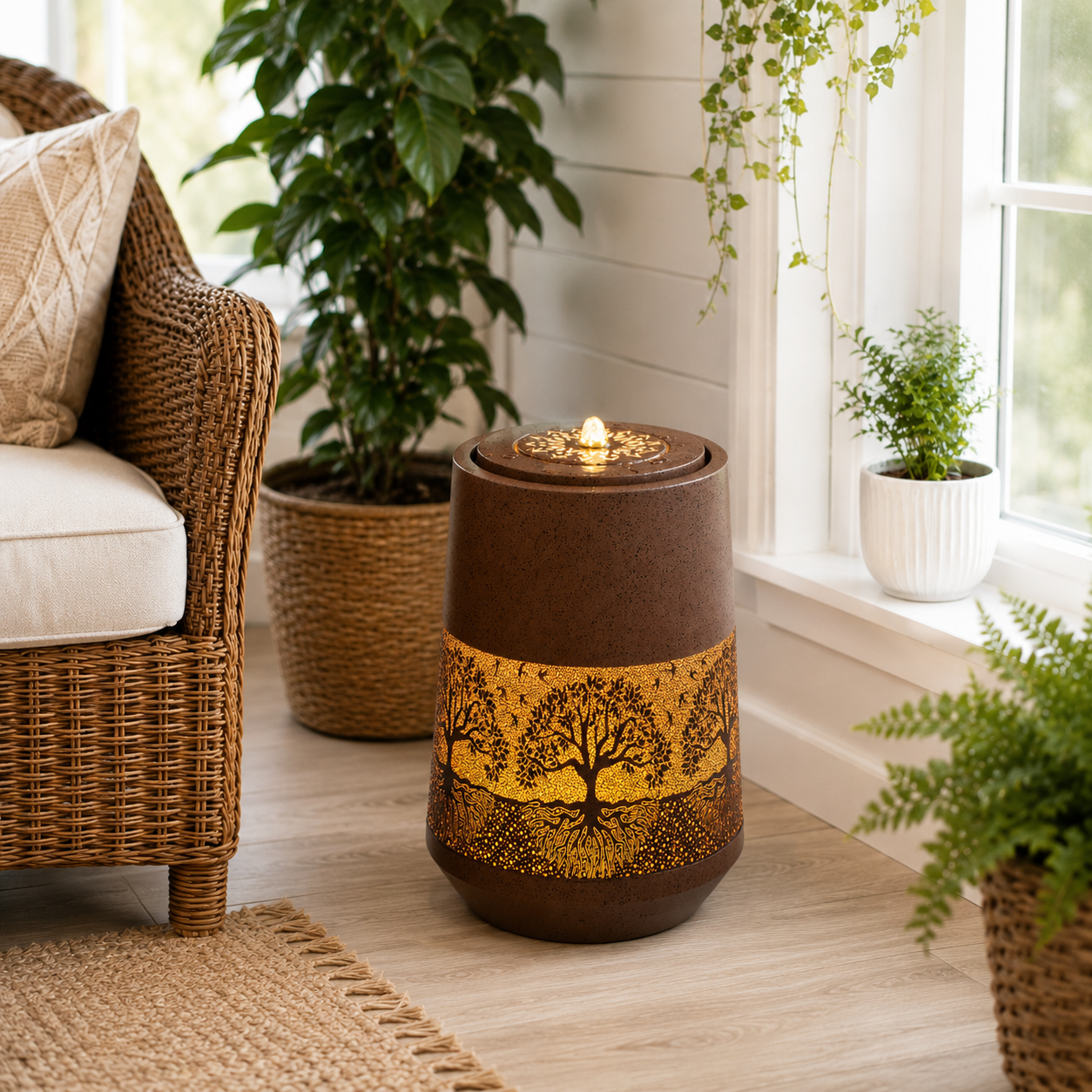 Radiant Tree of Life Indoor Fountain – Illuminated Metal Water Feature