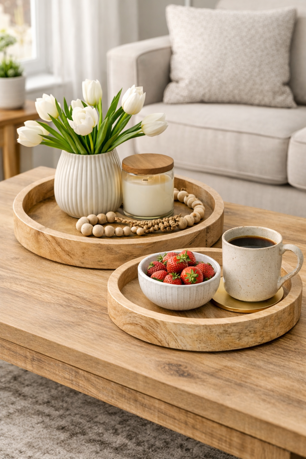 A cozy living room scene with a wooden coffee table holding a white vase of white tulips, a candle, and a beaded decoration, with a bowl of strawberries and a cup of coffee on matching wooden trays in front.