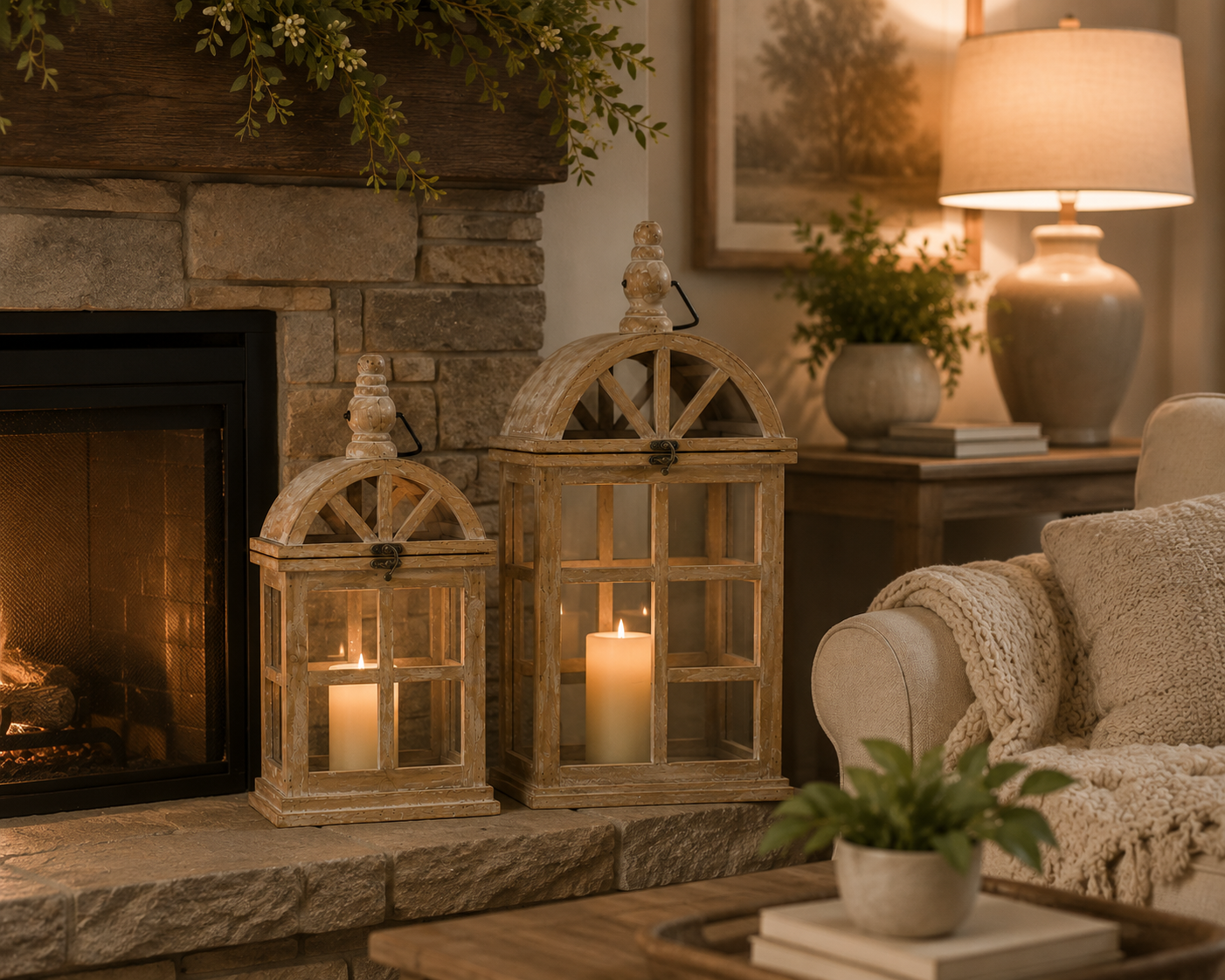 Rustic Wood & Glass Decorative Lantern Set – Set of 2